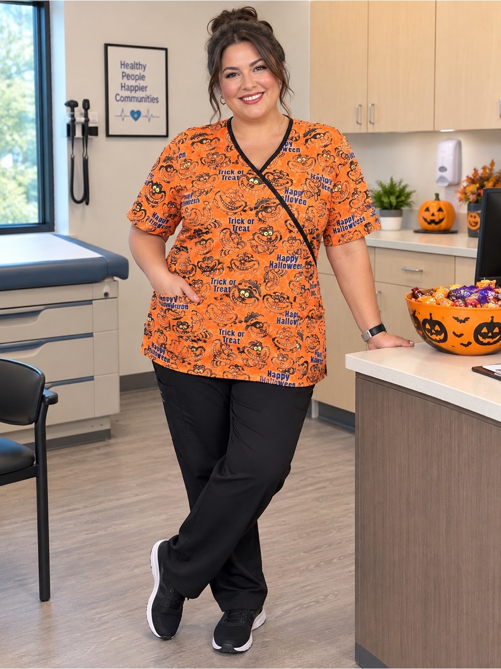 Disney Cheshire Cat Halloween Trick or Treat Scrub Top XL